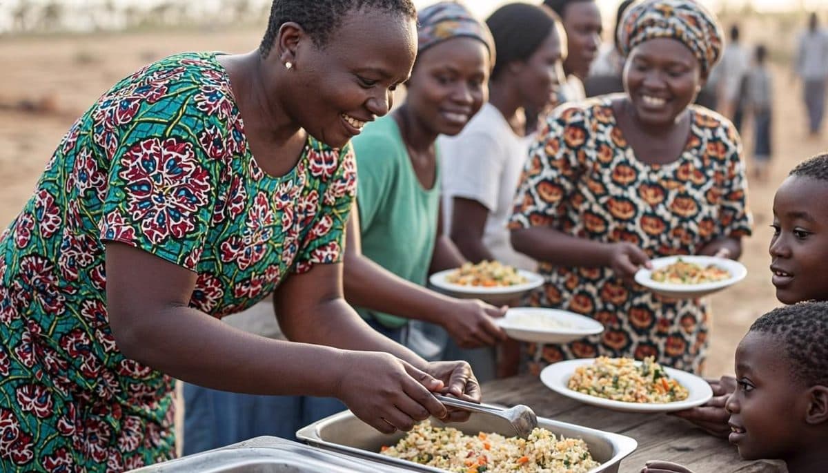 Volunteers serving a shared meal at a community feeding program