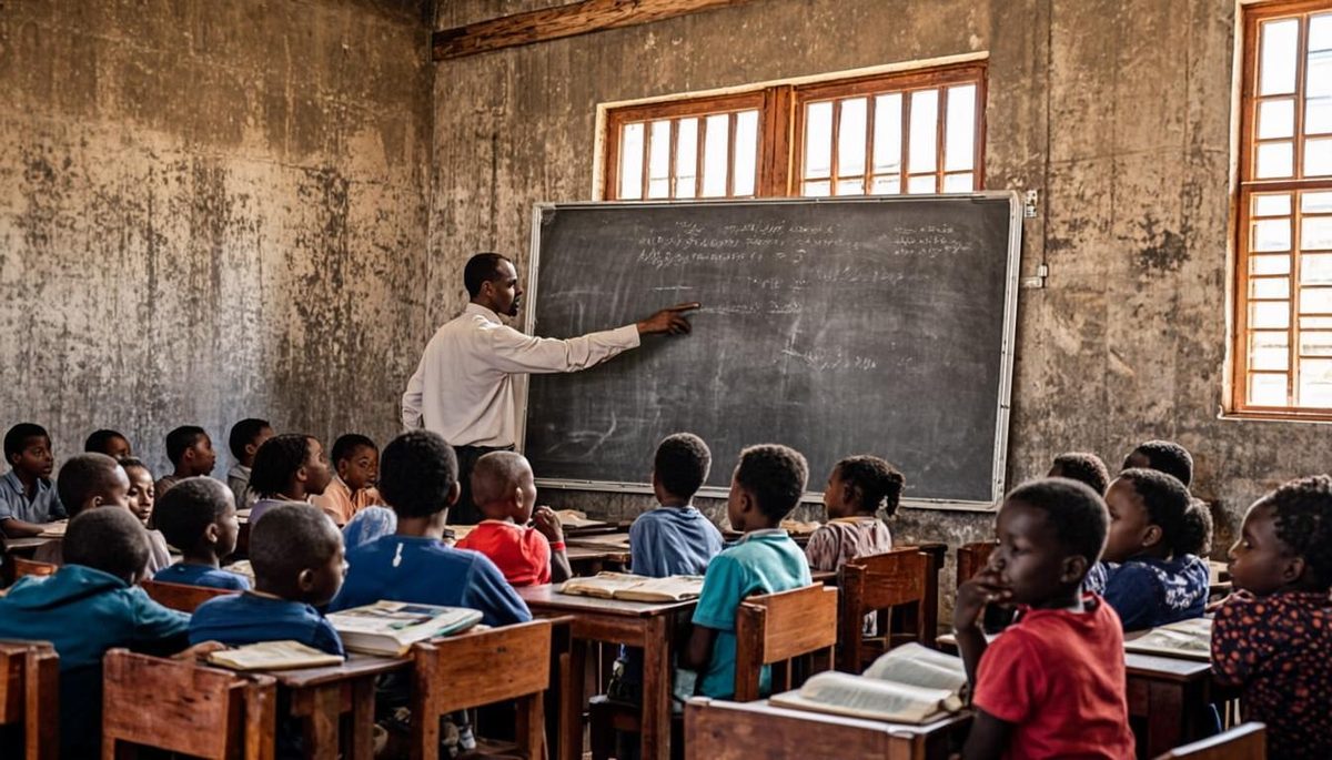 A teacher leading a lesson at the chalkboard while students follow from their desks